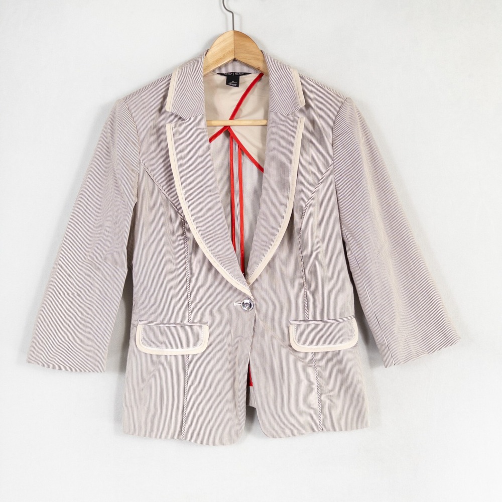 WHBM Blazer Jacket Women Sz 4 Brown Beige White Stripe One Button Cotton Stretch